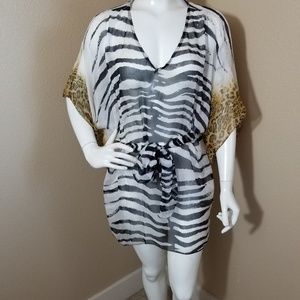 OSSTINEE Animal Print Sheer Tie Silk Cover Up OS